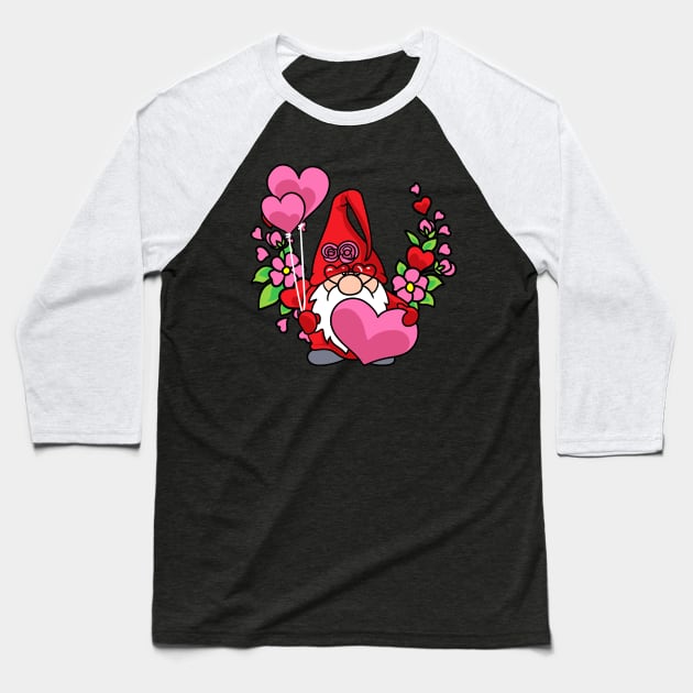 Valentine's Day Gnome Hearts Flowers Love Nisse Tomte Baseball T-Shirt by Rengaw Designs